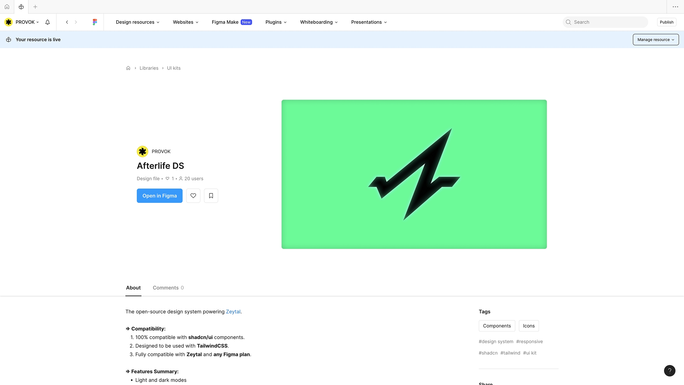 Figma community page of the Afterlife DS Figma file
