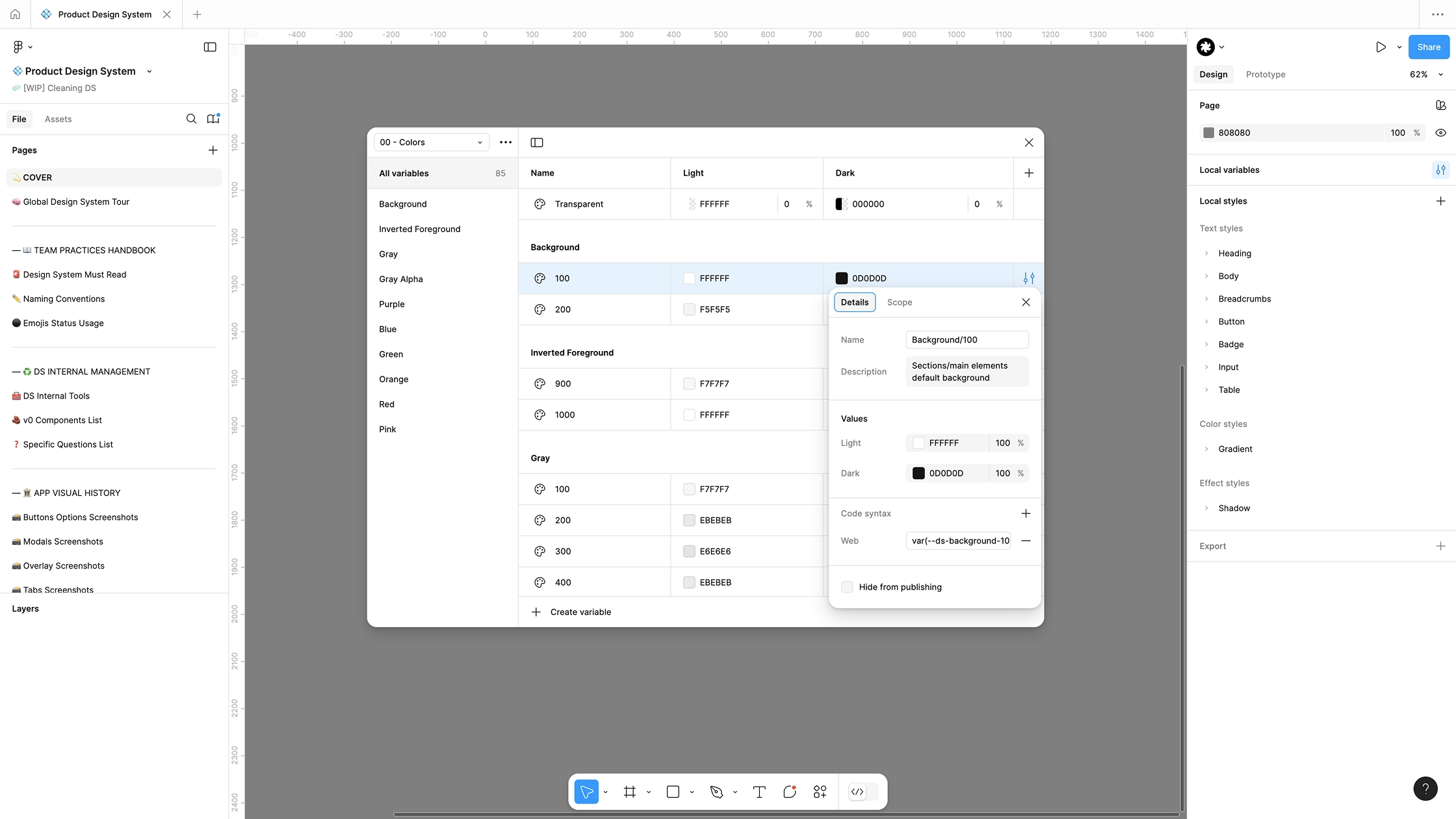 Polar Analytics design system color variables collection with dark and light modes